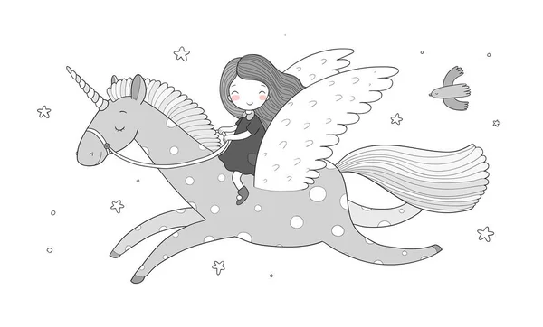 Linda chica de dibujos animados vuela en un pegaso. Princesa y unicornio — Vector de stock