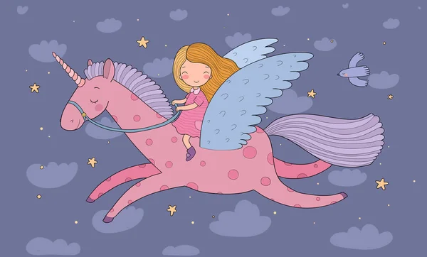 Linda chica de dibujos animados vuela en un pegaso. Princesa y unicornio — Vector de stock