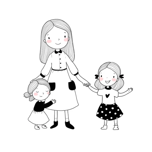 幼い母親と2人の娘。かわいい漫画の姉妹。幸せな家族だ。幼稚園の先生 — ストックベクタ