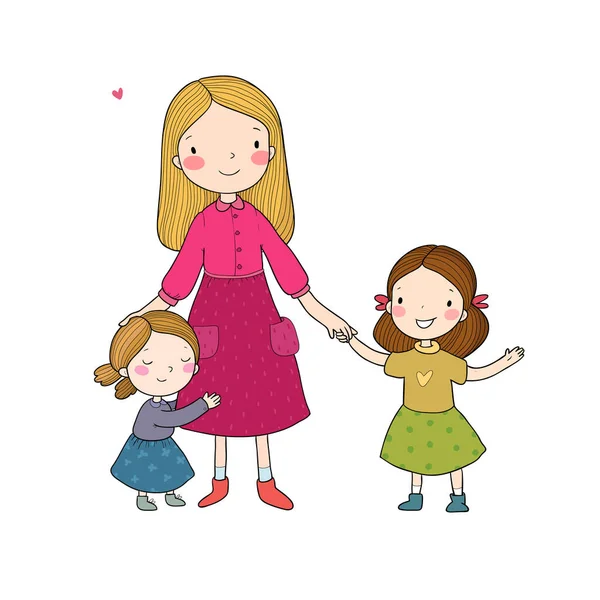 幼い母親と2人の娘。かわいい漫画の姉妹。幸せな家族だ。幼稚園の先生 — ストックベクタ