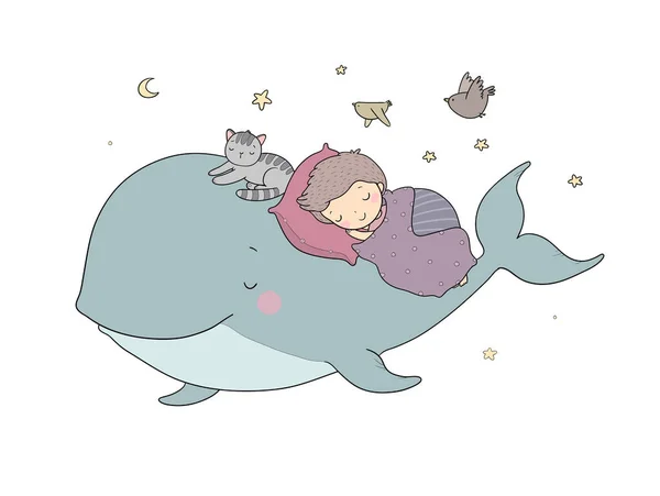 Lindo chico de dibujos animados y ballena. Buenas noches. hora de dormir. Página para colorear — Archivo Imágenes Vectoriales