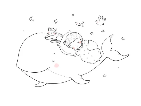 かわいい漫画の少年とクジラ。おやすみなさい。寝る時間だ。ぬりえページ — ストックベクタ