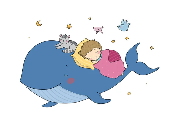 可爱的卡通男孩和鲸鱼。-晚安该睡觉了着色页 — 图库矢量图片