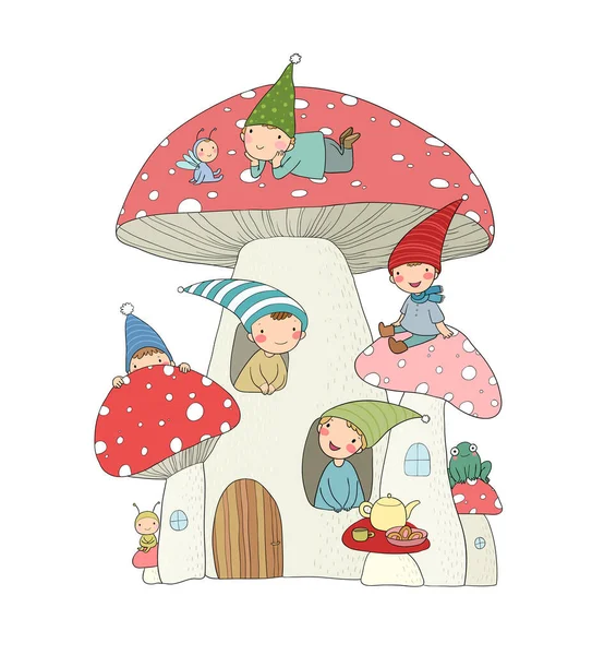 Mignons gnomes de dessin animé, maison de champignons et grenouille. Elfes magiques forestiers — Image vectorielle