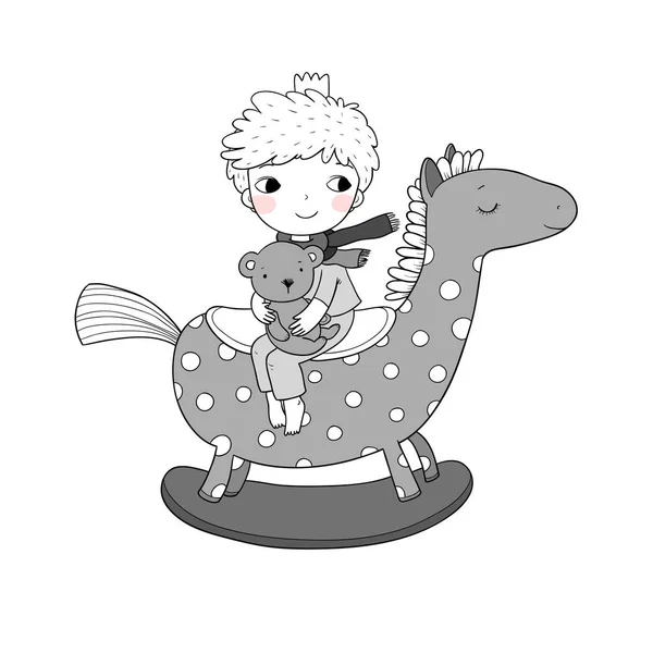 Pequeño chico lindo de dibujos animados sentado en un caballo mecedora. Niño y oso de peluche — Vector de stock