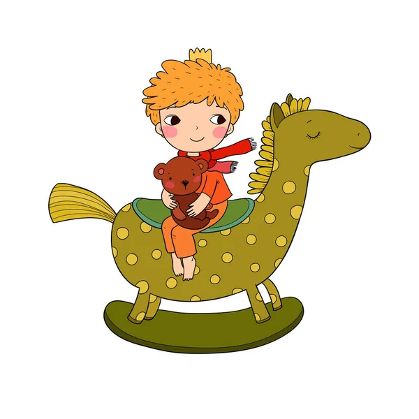 Petit garçon de dessin animé mignon assis sur un cheval à bascule. Enfant et ourson — Image vectorielle