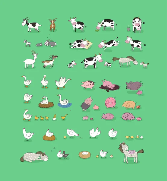 Bonito desenhos animados animais de fazenda e pássaros. Cavalos e vacas engraçados, galinhas, gansos e cabras. Conjunto extra grande . —  Vetores de Stock
