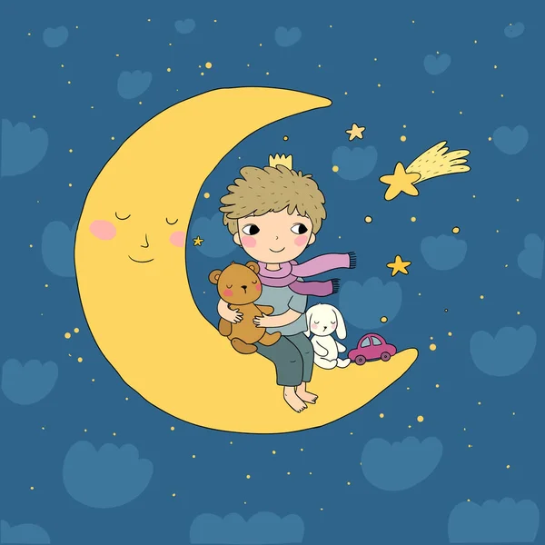 The little prince is sitting on the moon. Cute cartoon kid with toys. A boy with a teddy bear and a bunny. Time to sleep. — Stock Vector