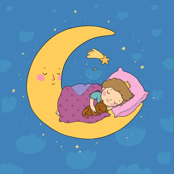 De kleine prins slaapt op de maan. Leuke tekenfilmjongen in bed — Stockvector