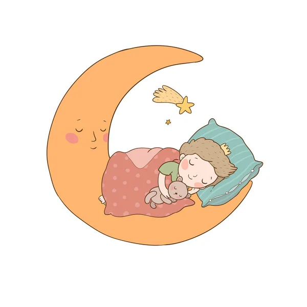 Pangeran kecil sedang tidur di bulan. Anak kartun yang lucu di tempat tidur. - Stok Vektor