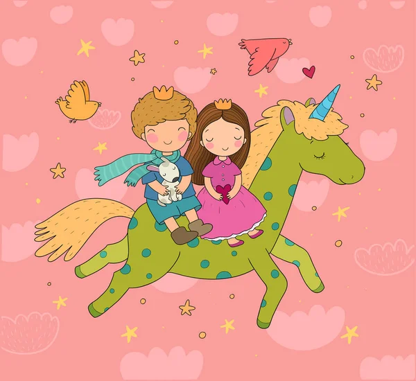 Príncipe e princesa estão voando em um unicórnio. Bonito desenhos animados crianças e pônei de fadas . — Vetor de Stock