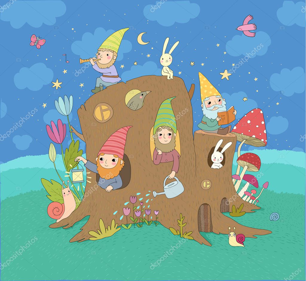 Vettoriale stockSimpatici gnomi dei cartoni animati in una casa di  moncherini. Elfi della foresta magica di ©Natasha_Chetkova #371446850, image size:1024x940