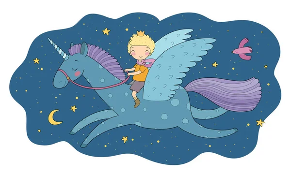 Netter Cartoon Junge fliegt auf einem Pegasus. Kleiner Prinz und Einhorn — Stockvektor