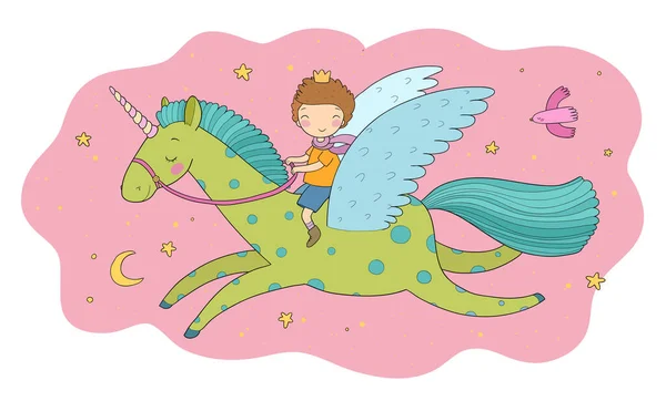 Bonito menino dos desenhos animados voa em um pegasus. Pequeno príncipe e unicórnio — Vetor de Stock