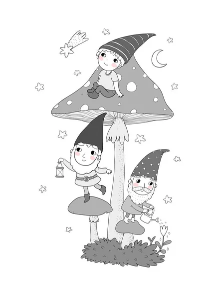 Trois mignons gnomes de dessin animé. Elfes des forêts. Personnages de conte de fées . — Image vectorielle