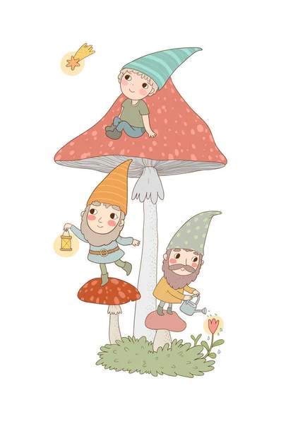 Tres lindos gnomos de dibujos animados. Los elfos del bosque. Personajes de cuento de hadas . — Archivo Imágenes Vectoriales