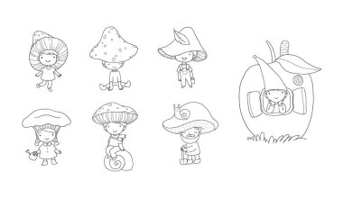 Tatlı çizgi film cüceleri mantarları. Orman elfleri. Küçük periler.