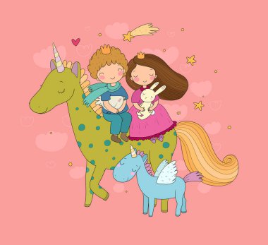 Prens ve prenses tek boynuzlu at üzerinde uçuyorlar. Tatlı çizgi film çocukları ve peri midillisi..