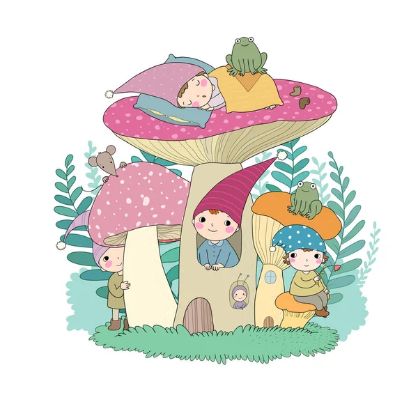 Cute cartoon gnomes, mushroom house and frog. Forest magic elves — Stock Vector