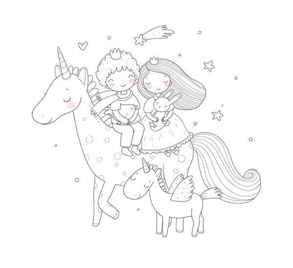 Príncipe y princesa están volando en un unicornio. Lindos niños de dibujos animados y pony de hadas . — Vector de stock