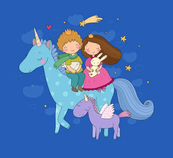 Príncipe y princesa están volando en un unicornio. Lindos niños de dibujos animados y pony de hadas . — Archivo Imágenes Vectoriales