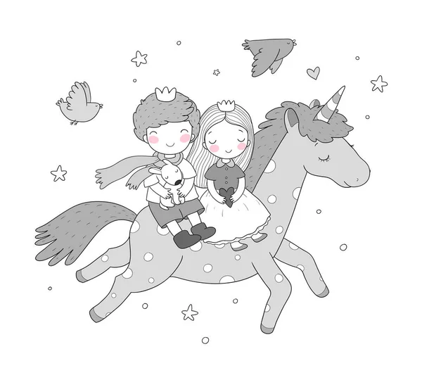 Príncipe y princesa están volando en un unicornio. Lindos niños de dibujos animados y pony de hadas . — Vector de stock
