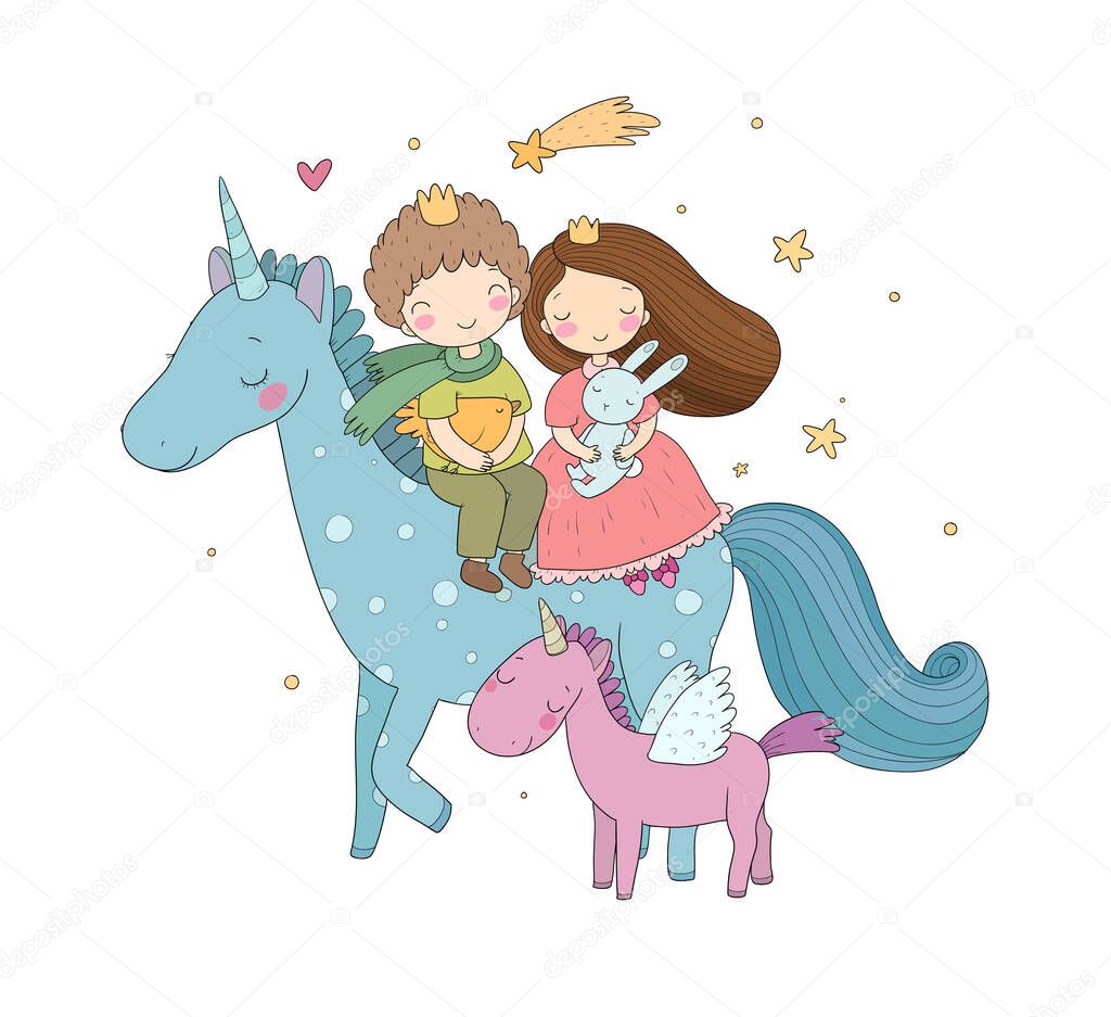 Prince and princess are flying on a unicorn. Cute cartoon kids and fairy pony.