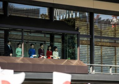 Üyeler sarayın balkonda ailesinin sembolüolarak Tokyo meydanda insanlarda karşılaşacaksınız. Yeni yıl gün. Japonya Akihito İmparator ailesinin üyeleri.
