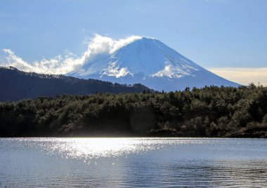 Fuji Dağı'nın, orman ve göl ile kış manzara. Japonya doğası. Dünyanın ünlü ve en güzel yerlerine.