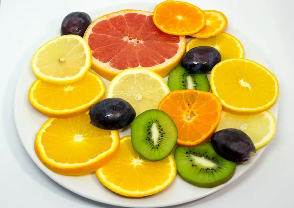 Colorido Frutas Cortadas Cerca Comida Vegetariana Plato —  Fotos de Stock