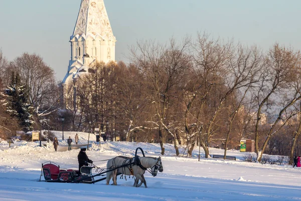 2019 Москва Россия Зимний Пейзаж Лошадью Телегой Фоне Белой Церкви — стоковое фото