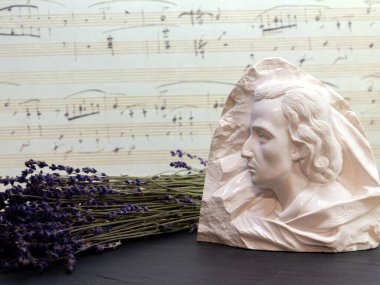 19.02.2020, Paris, Fransa. Chopin 'in büstü ve arka plandaki mavi çiçekler. Müzik odasında kompozisyon.