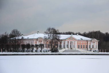 Kışın Kuskovo 'daki Malikane Sarayı, Moskova, Rusya, göl manzaralı. Kış mevsiminde Rusya 'yı dolaşmak.