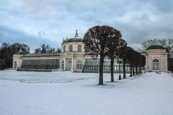 Деревянная Аллея Вдоль Усадебного Дворца Кусково Зимой Вид Сзади Москва — стоковое фото