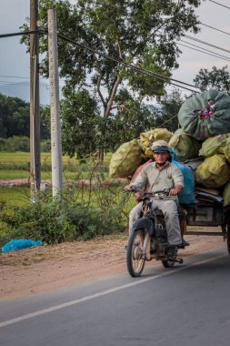304.2015, Phan Thiet, Vietnam. Yerel Vietnamlı ulusal bir araçla yolda motosiklet sürüyor..