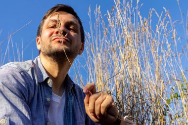 Kot pantolon, beyaz tişört ve mavi tişört giyen genç çekici bir adam mavi gökyüzüne karşı mısır gevreği tarlasında uzanıyor ve kameraya bakıyor.
