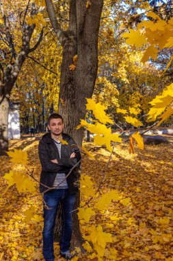 Siyah ceket giyen kısa saçlı genç bir adam sonbahar parkında kollarını kavuşturmuş duruyor. Düşen parkta meditasyon.