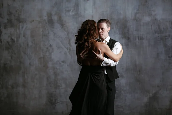 Young Pretty Woman Black Dress Man Dance Tango — Stock Photo, Image