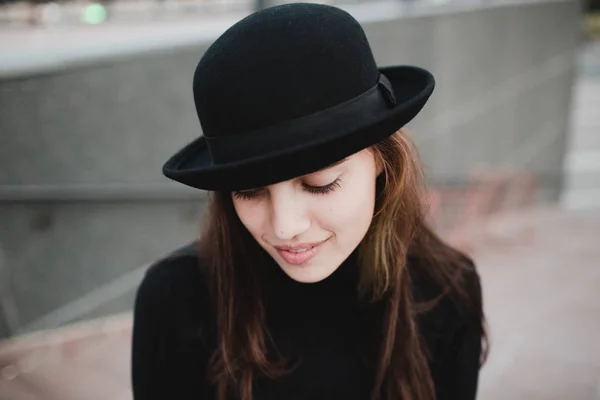 Young Pretty Woman Girl Portrait Black Hat — Stock Photo, Image