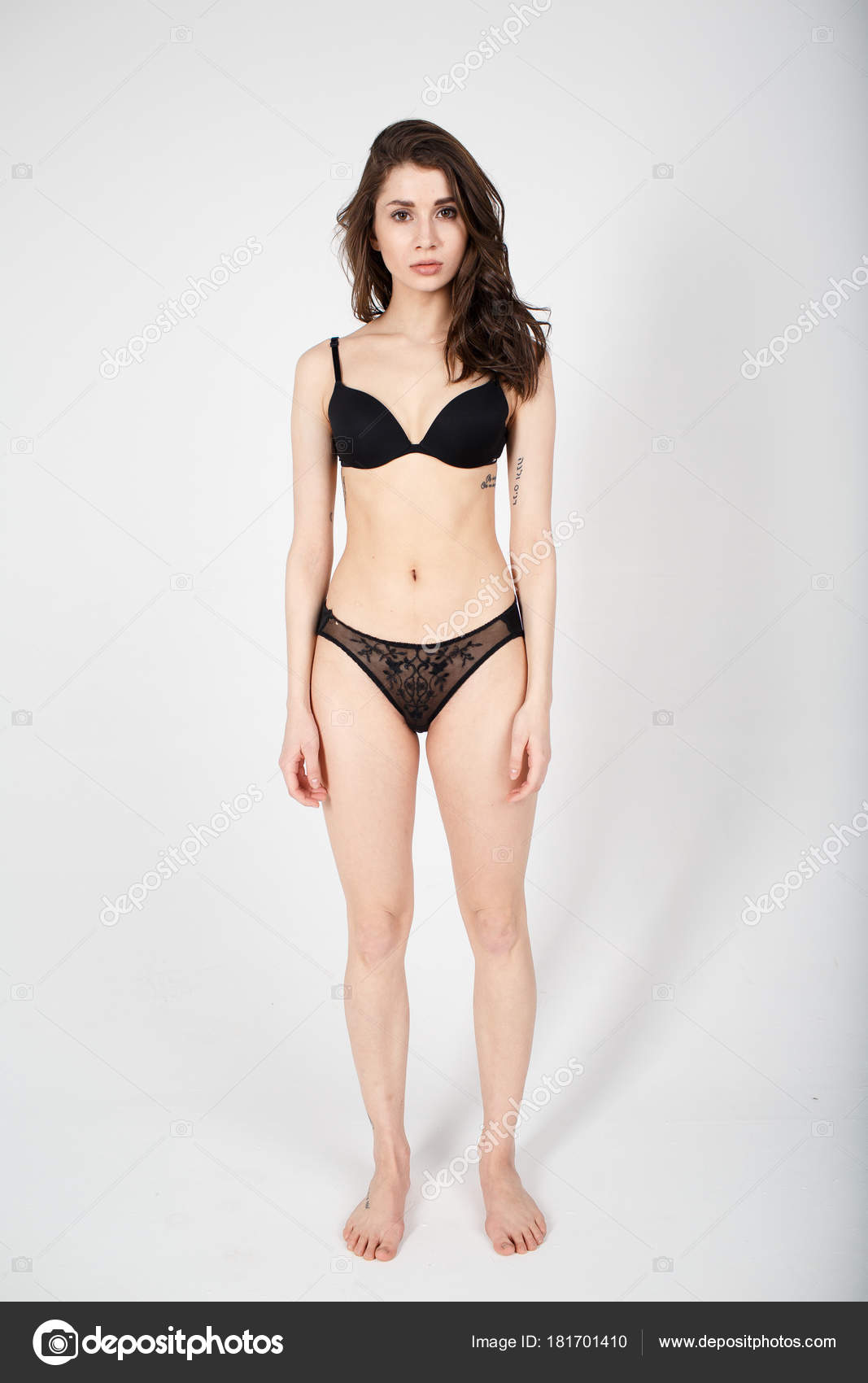 Beauty Young Girl Model Underwear Black Bra Bedroom Stock Photo by