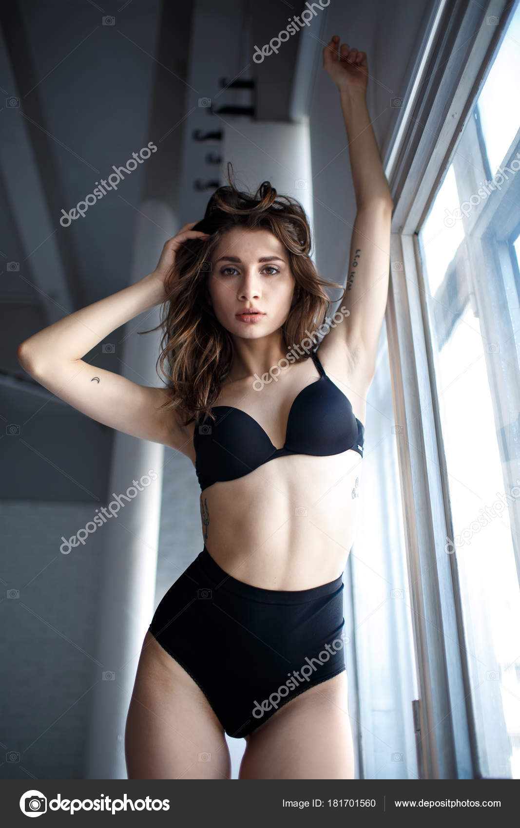 Beauty Young Girl Model Underwear Black Bra Bedroom Stock Photo by