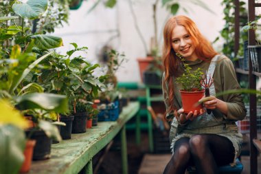 Ev işleri konsepti. Tırmık ve bitkilerle oturan genç ve güzel bir kadın. Bahar bahçesi bitkisi.