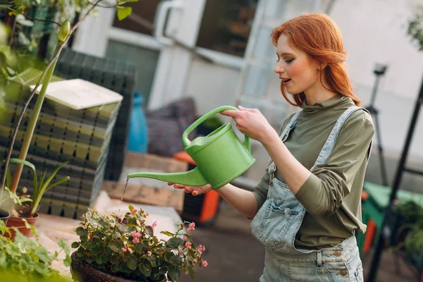 Home gardening concept. Young pretty woman profile  with watering can planting plants. Spring home gardening plant concept.