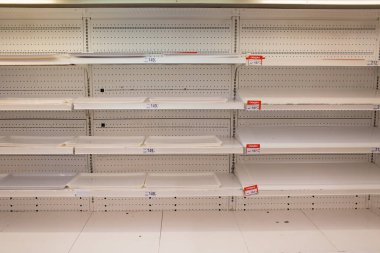 Süpermarkette boş raflar. Coronavirus ve kriz.