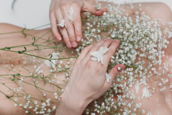 Young Male Model Little White Flowers Chest Beauty Portrait — Stock Photo, Image