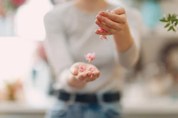 Weibliche Hände Und Rosa Blumen Und Blütenblätter Den Handflächen — Stockfoto