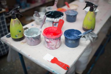 İpek ekran yazdırma. Serigrafi. Renkli boyalar ve kumaş. Plastisol boya..