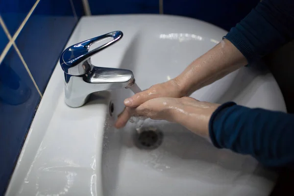 Woman Washes Hands Soap Water Tap Coronavirus Prevention Washing Pandemic — Stock Photo, Image