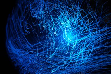 Koyu arkaplanda Bokeh ve bulanık mavi soyut parçacıklar ve çizgiler