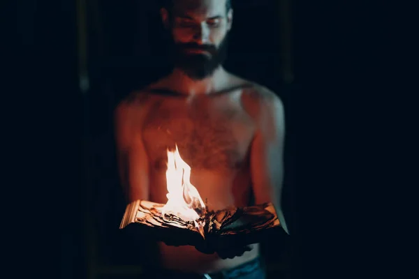 Man Holds Burning Book His Hands — Stock Photo, Image